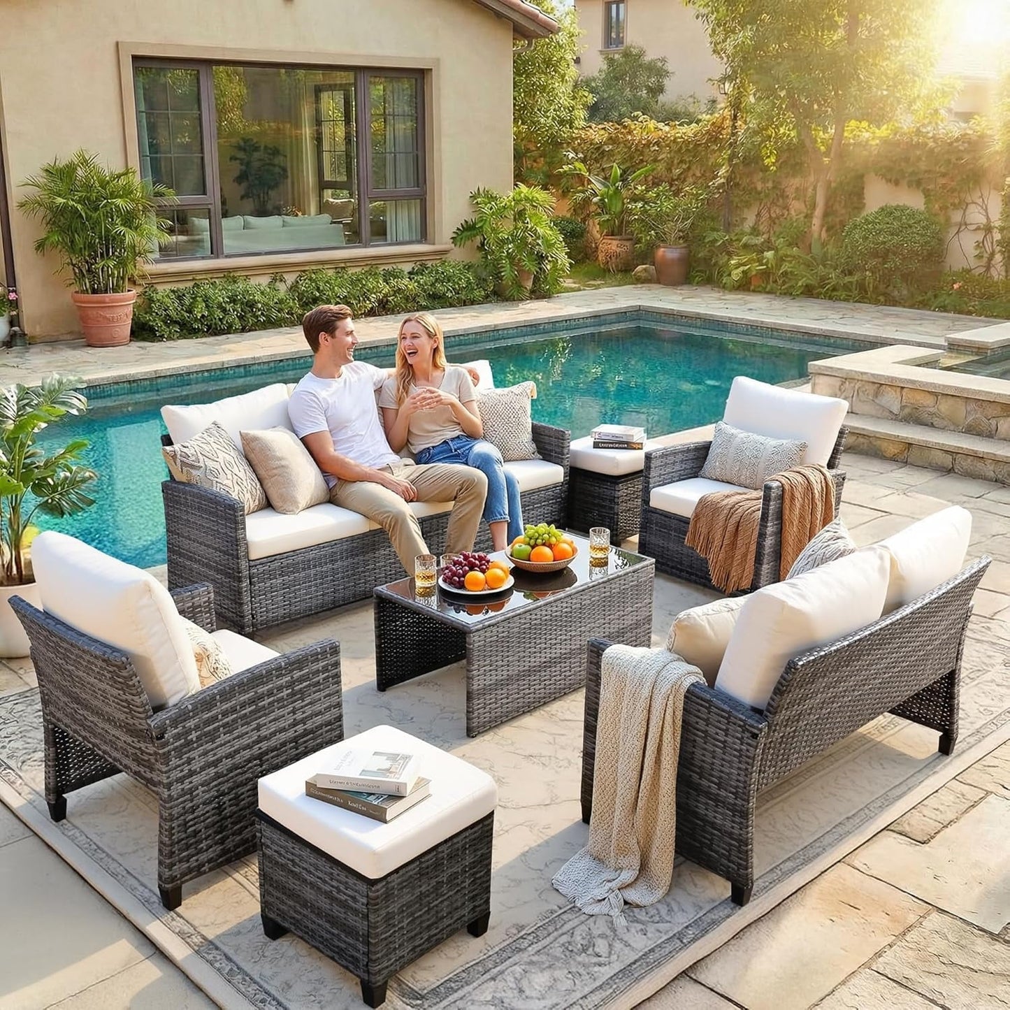 Ainfox 7-Piece Outdoor Wicker Patio Furniture Set,Sectional Conversation Set with 3-Seat Sofa, Loveseat, Coffee Table, Chairs & Ottomans, Gray, Space-Saving Design for Backyard, Porch, Poolside