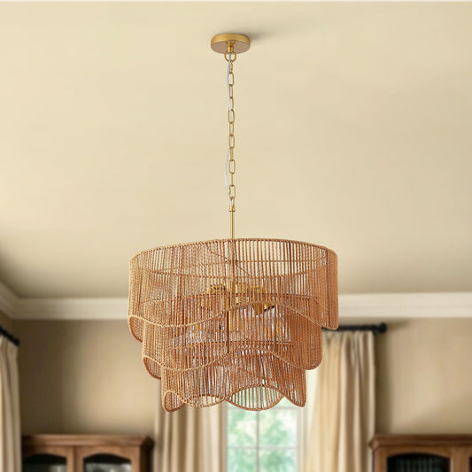 Chandelier With 7 Light E26 Base, Adjustable Height Wave Pendant Light For Living Room - Gold