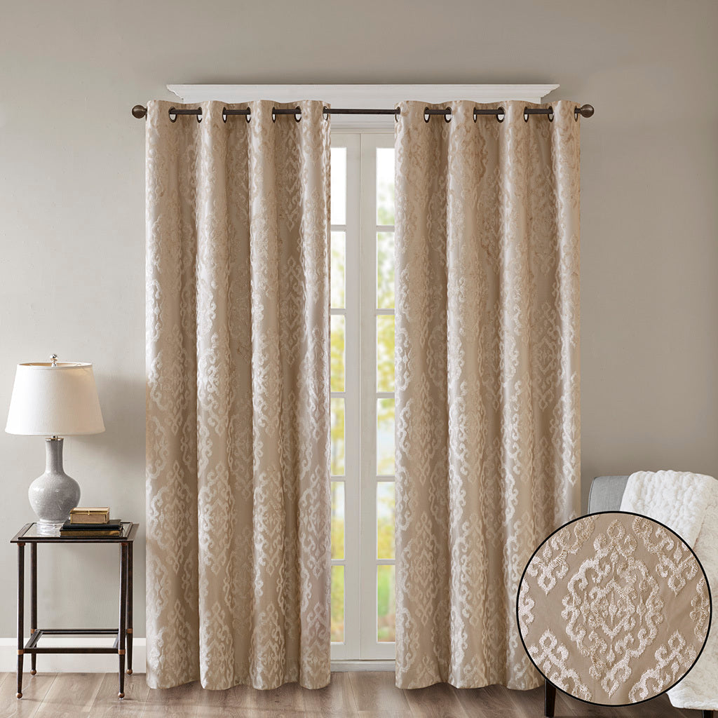 Knitted Jacquard Damask Total Blackout Grommet Top Curtain Panel