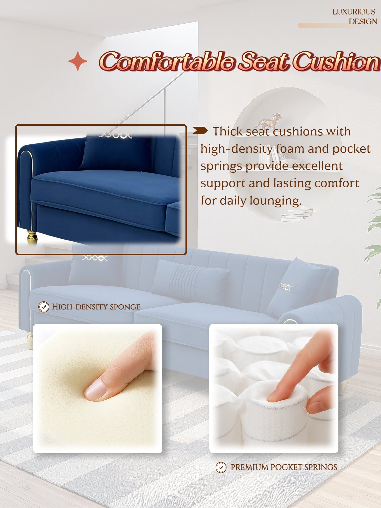 FX-P11-RB 87.4 Inches Upholstered 3-Seater Sofa with Throw Pillows