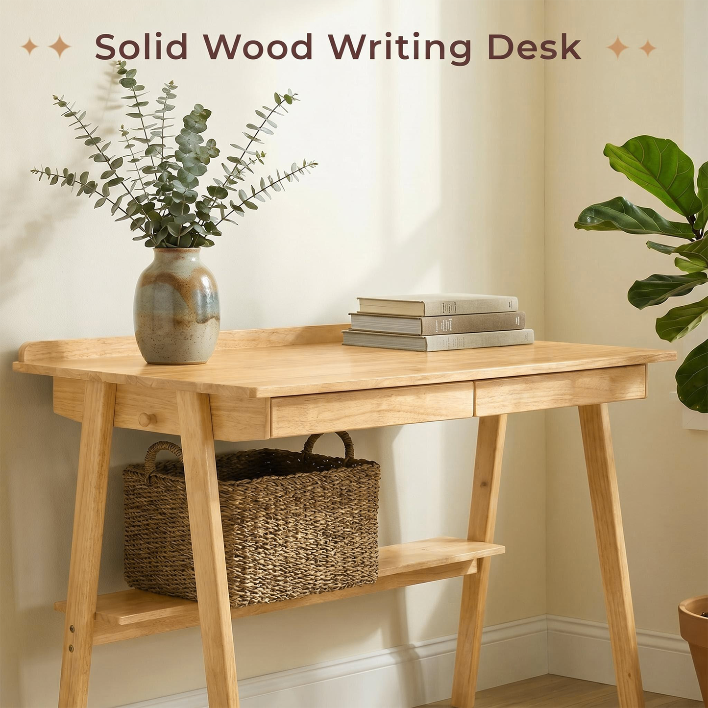 Solid Wood Writing Desk with 2 Drawers & Storage Shelf