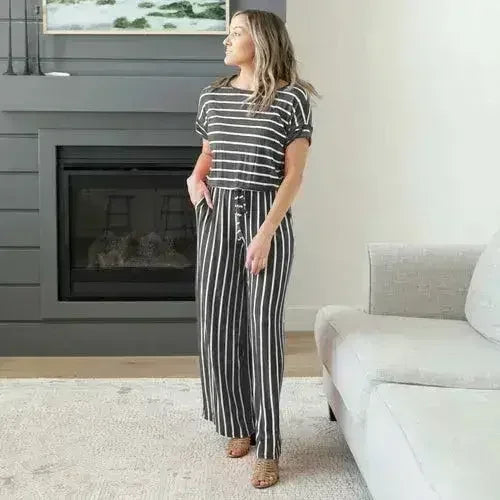 Stripe Jumpsuit Elastic Waist Back Keyhole