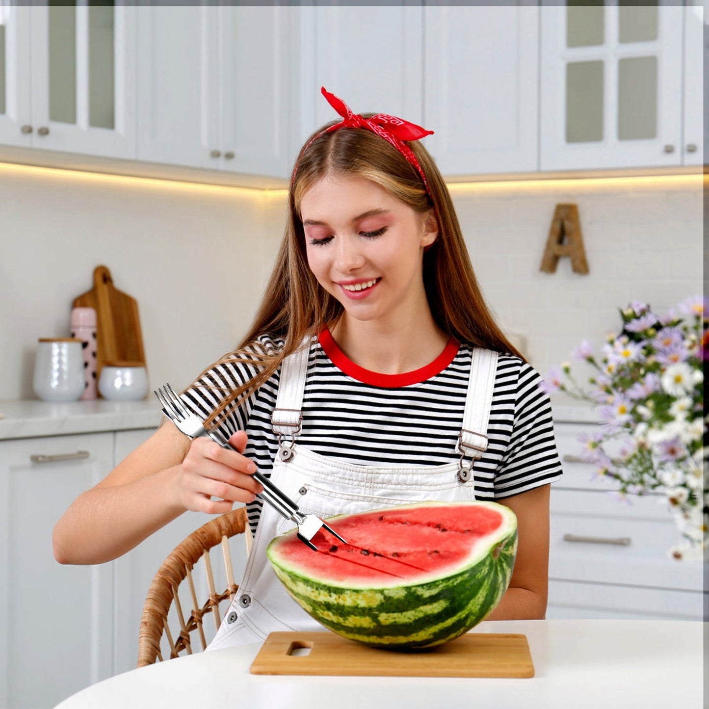 5Pcs 2 in 1 Watermelon Cutter Slicer Fork Stainless Steel Dual Head Watermelon Fruit Cutting Fork Knife For Summer Family Gathering Friend Party Campi