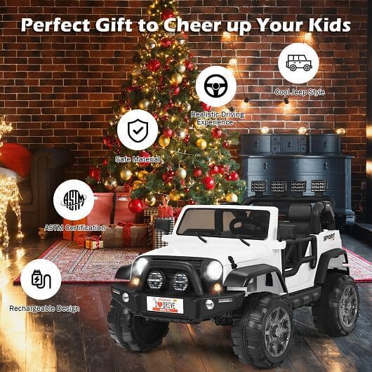 2-Seater White Ride-On Truck with Remote Control and Storage Room - 12V Power