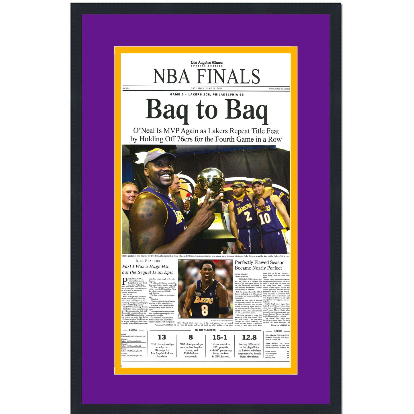 Framed Los Angeles LA Times Lakers Baq To Baq 2001 NBA Finals Champions 14x22 Basketball Newspaper Cover Photo Professionally Matted