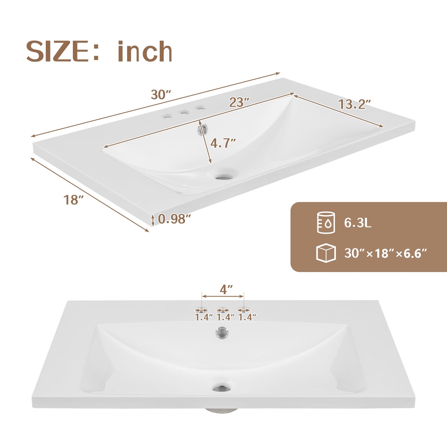 30" Single Bathroom Vanity Top with Undermount Ceramic Sink