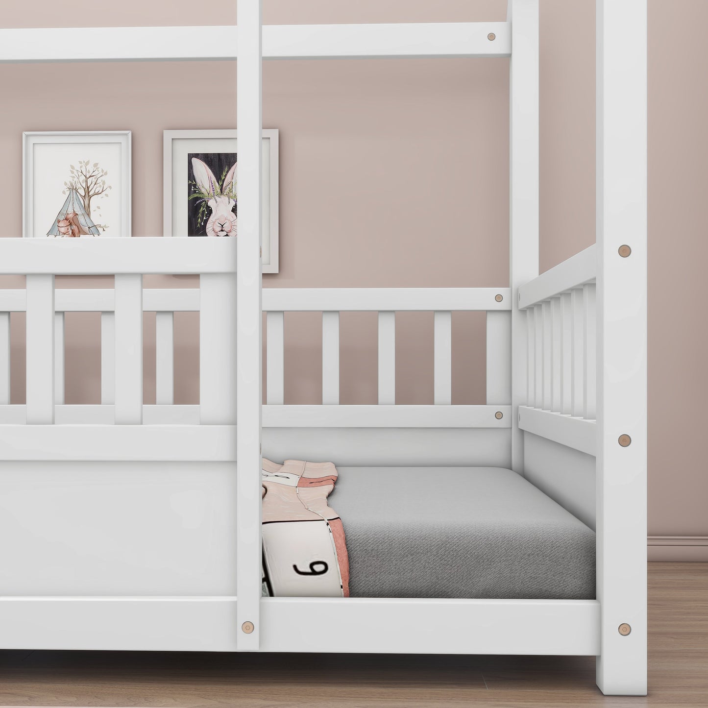 Twin Size Floor Wooden Bed with House Roof Frame