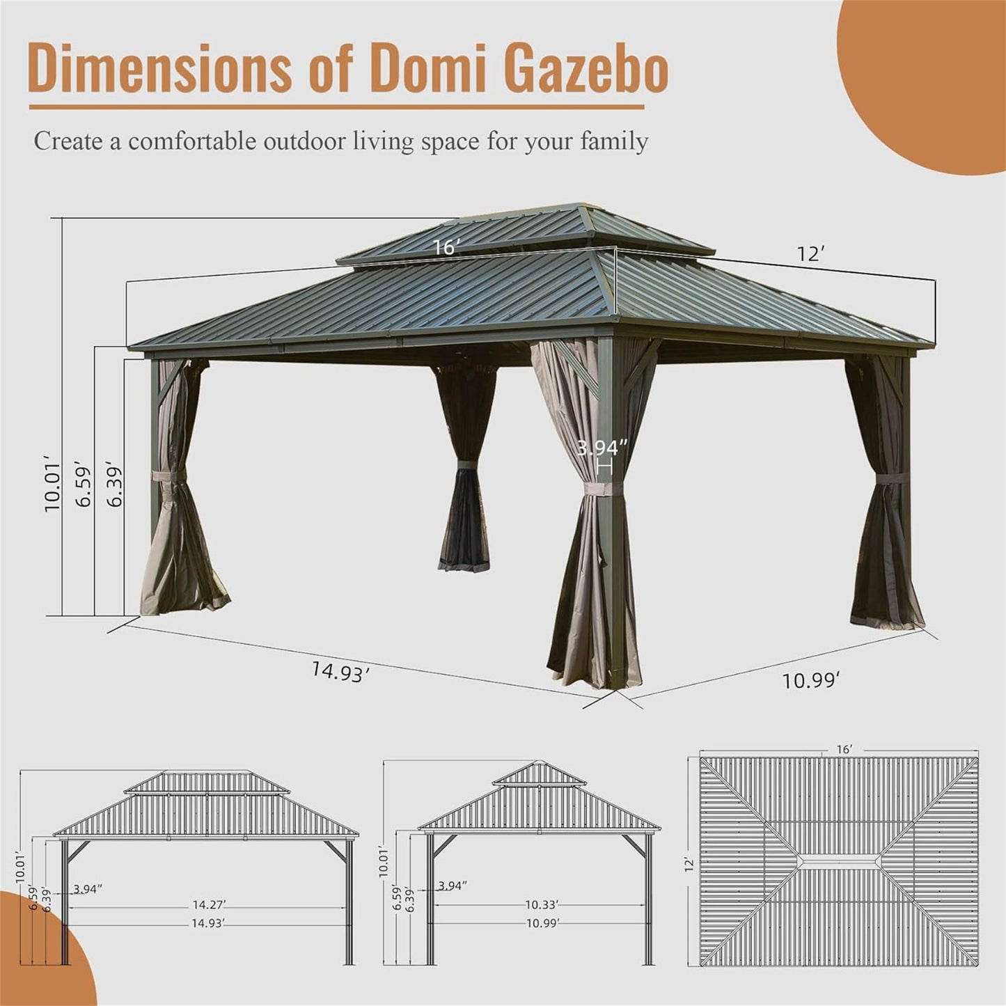 12' x 16' Hardtop Gazebo with Aluminum Frame and Double Roof