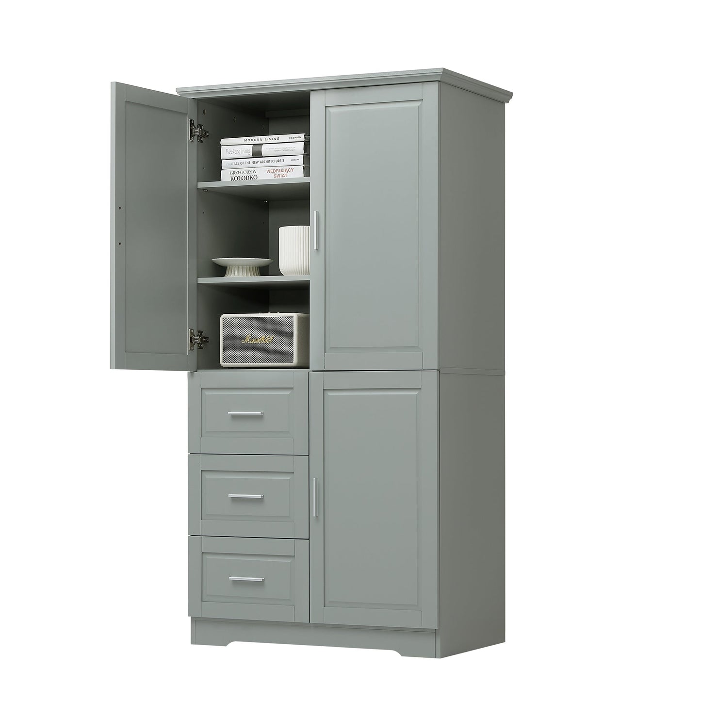 Tall and Wide Storage Cabinet with Doors for Bathroom or Office, Grey