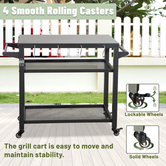 3-Shelf Outdoor Grill Table with Wheels and Propane Tank Hook