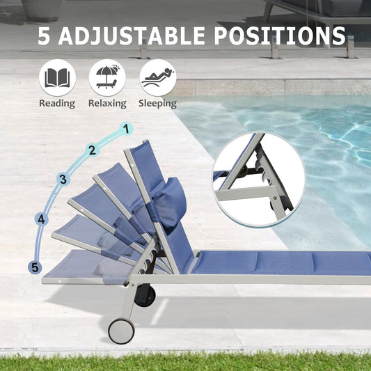 Outdoor Patio Chaise Lounge Set of 3, Aluminum Pool Lounge Chairs with Side Table and Wheels