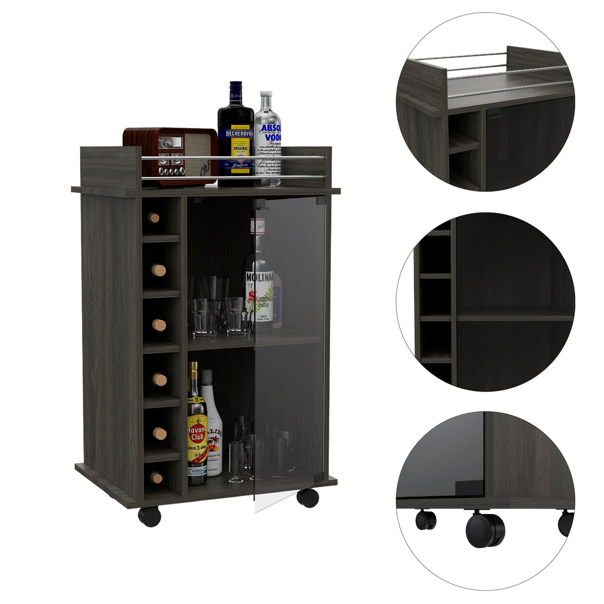 Dukat Bar Cart, Two Shelves, Six Built-in Wine Rack - Espresso
