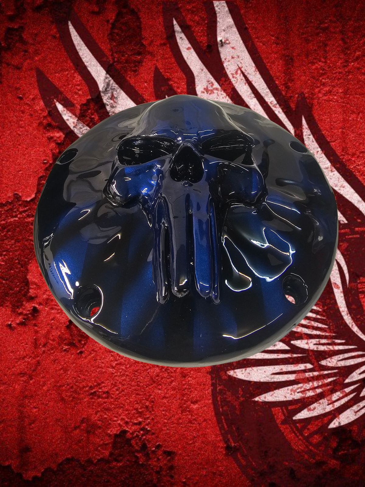 Punisher skull stretching through flag Harley derby and points cover