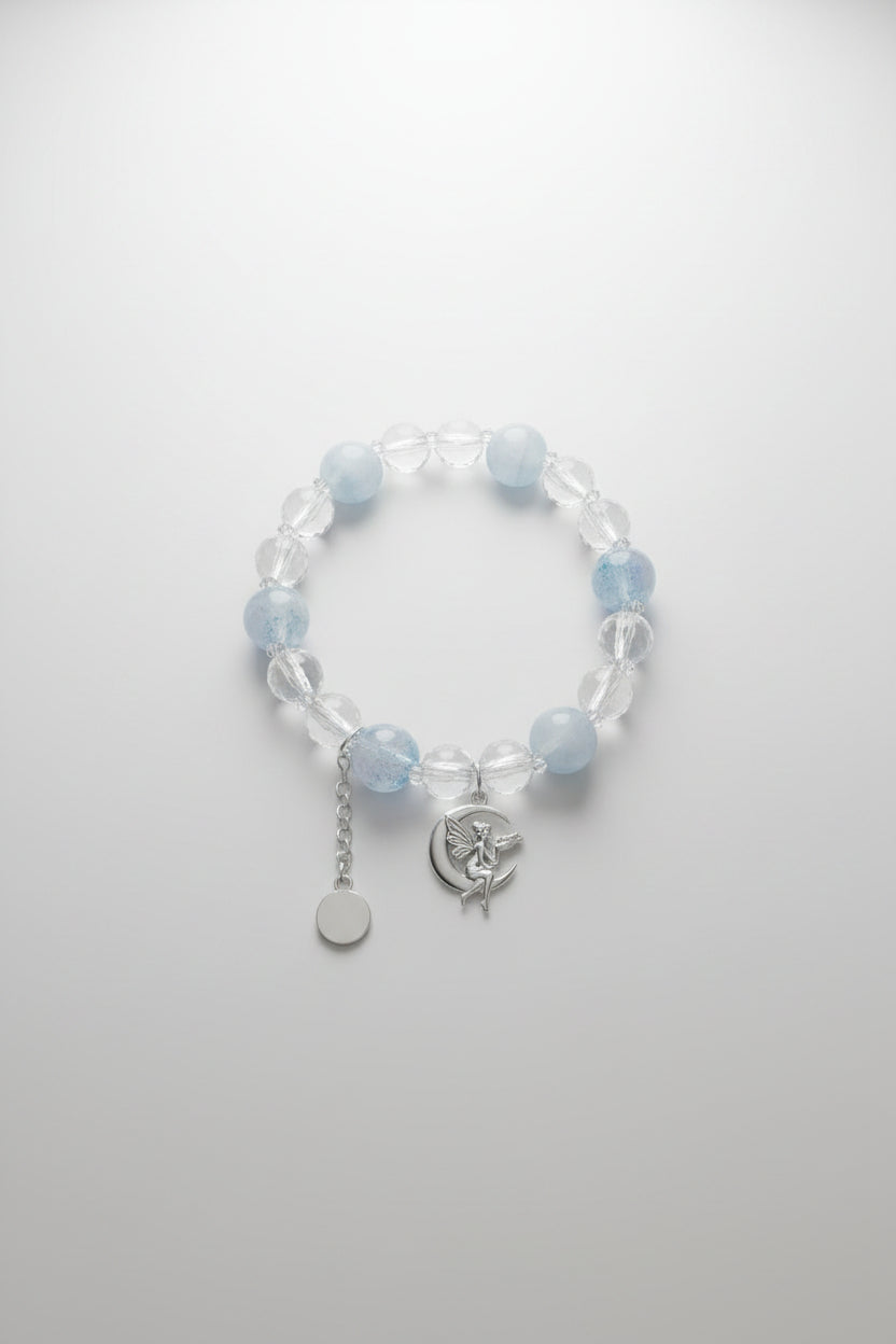Boho Crackled Blue Beads And Clear Beads With Fairy Sitting On Moon Charm Elastic Bracelet