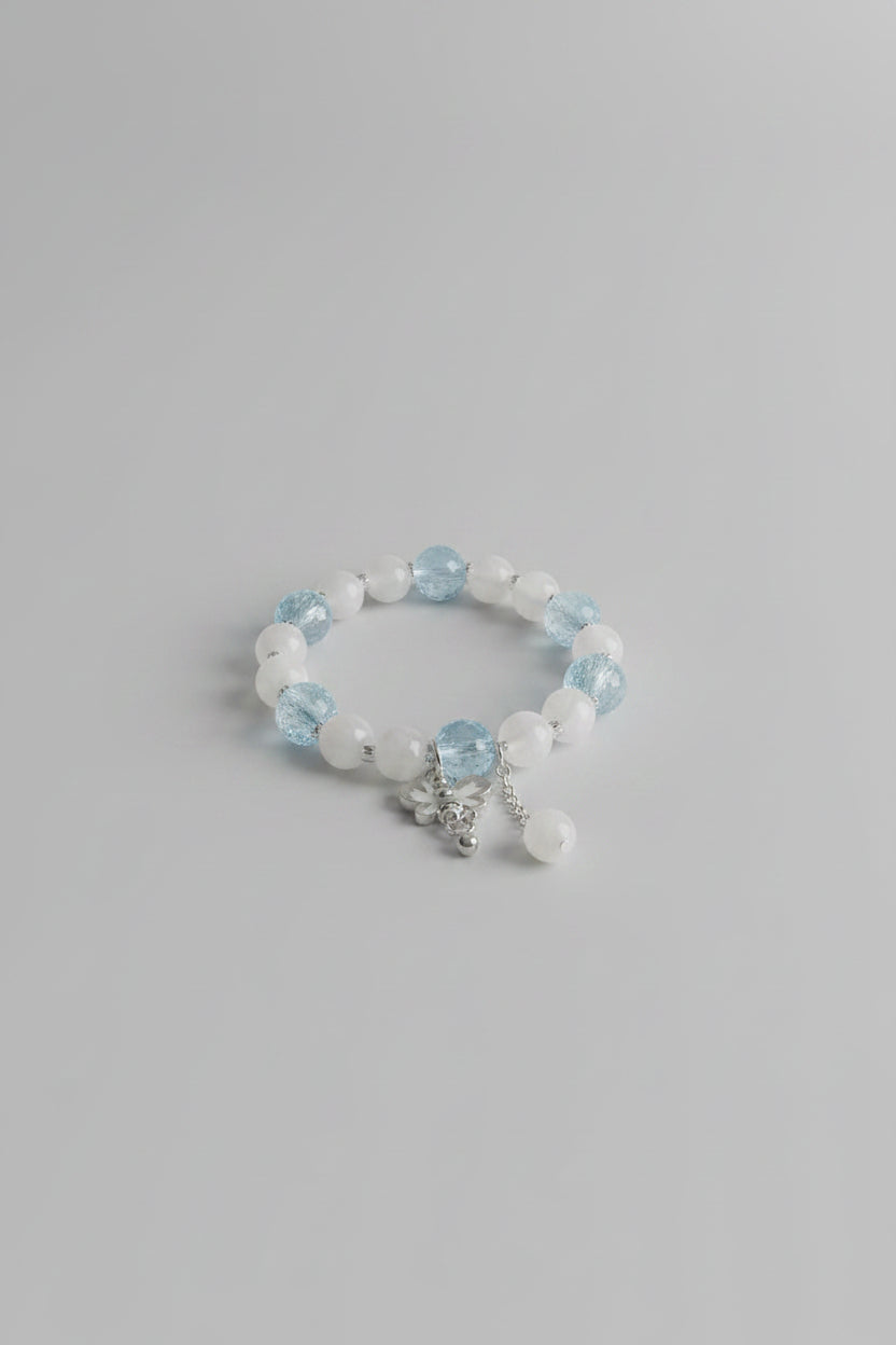 Boho Crackled Blue Beads and Faux Pearl Beads With Bee Charm Elastic Bracelet