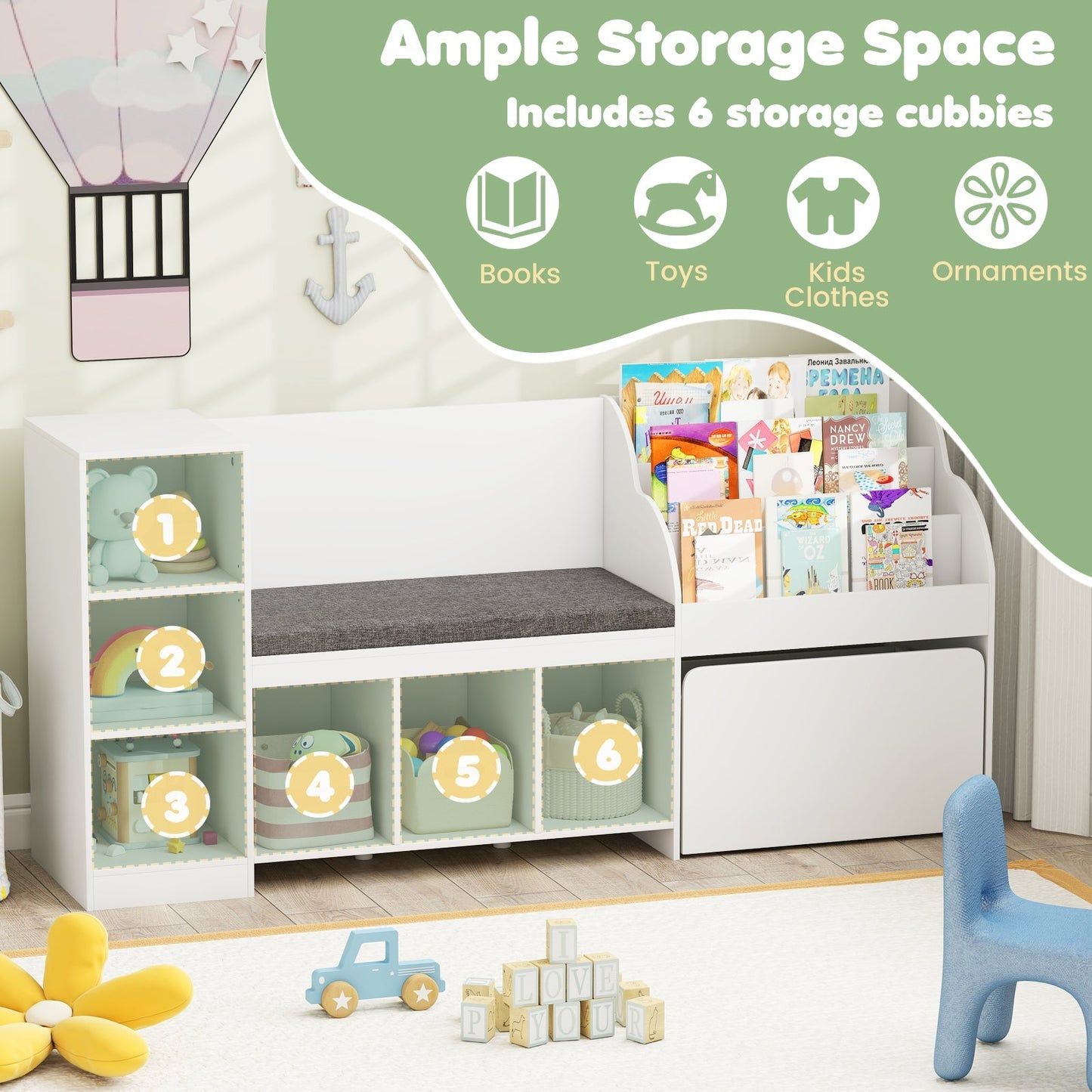 Kids Bookcase with Reading Nook 4-in-1 Standing Toy Organizer-White