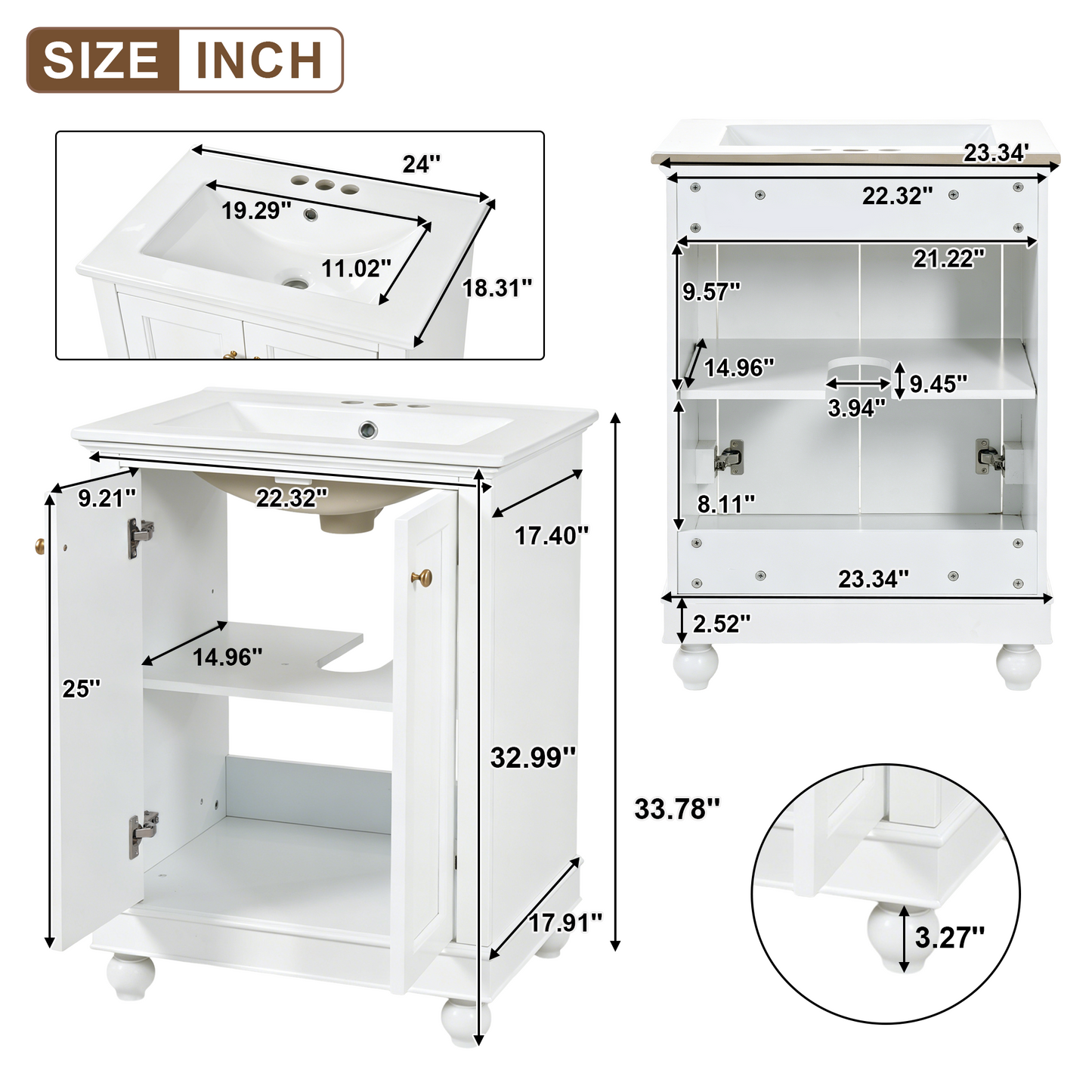 24 Inch Modern Bathroom Vanity Cabinet With Ceramic Sink