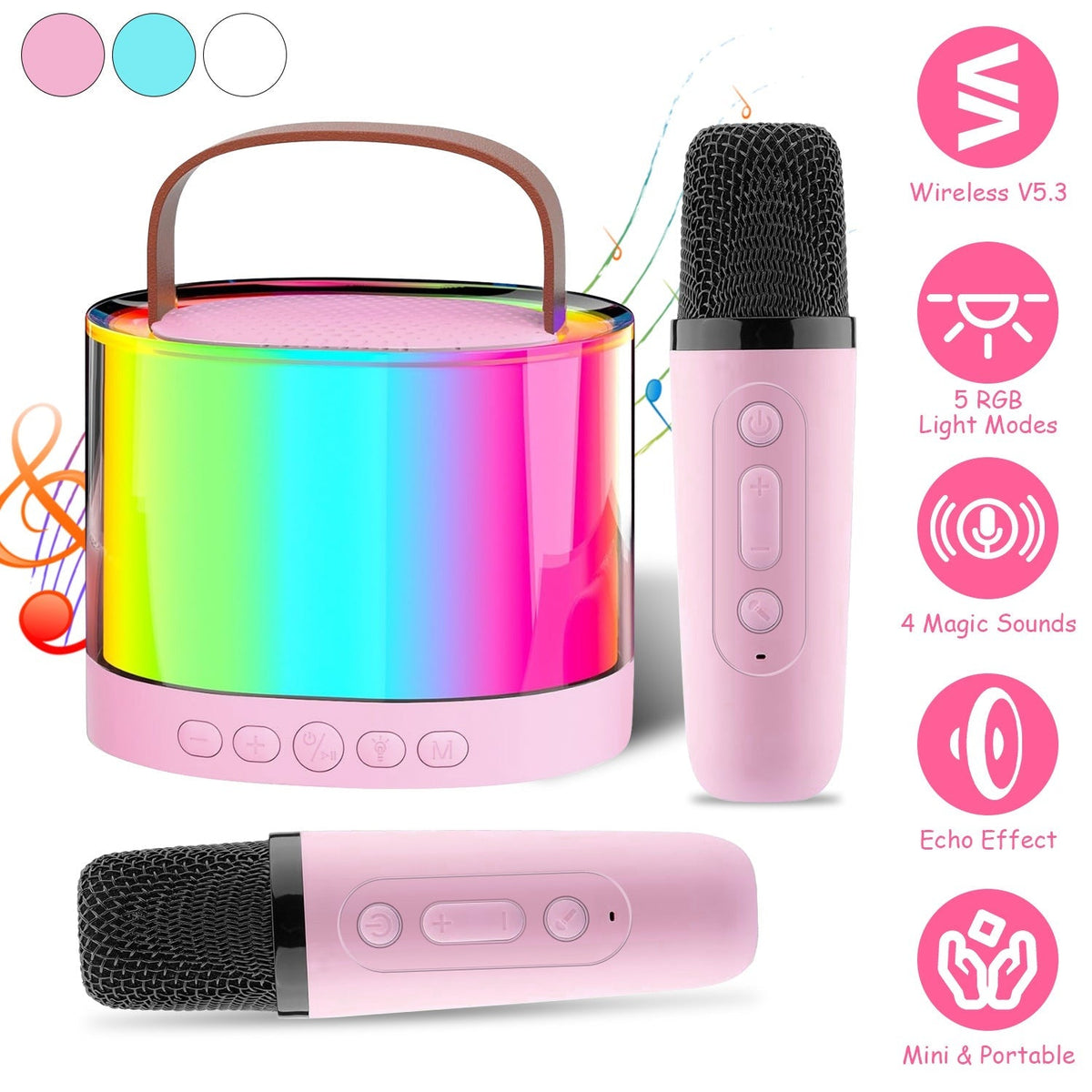 Mini Karaoke Machine With 2 Wireless Microphones Portable Karaoke Set for Kids Adults with RGB Lights Magic Sounds Echo Effect Gift for Boys Girls
