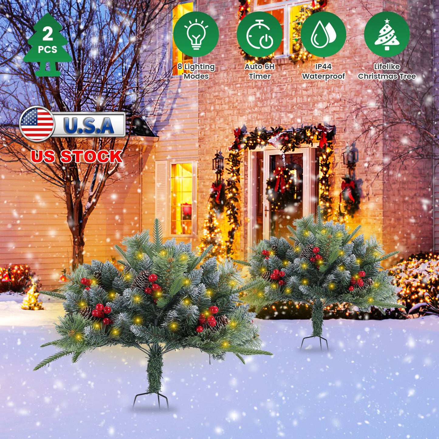 2Pcs Christmas Tree Urn Filler With Light Artificial Lighted Xmas Trees Light with Cones Berries Holiday Planter Filler LED Pathway Pine Tree IP44 Wat