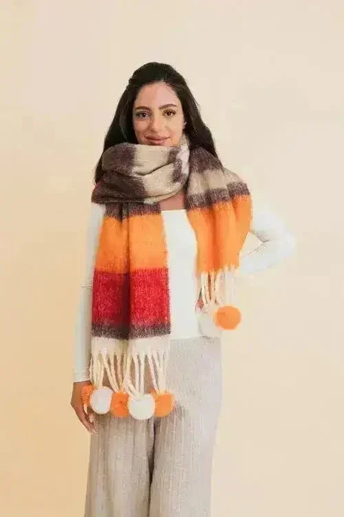 Chunky Pom Tassel Color Stripes Scarf – Bold Striped Scraf