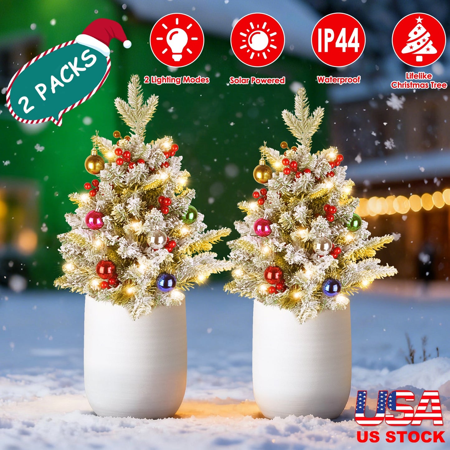 2Pcs Solar Powered Lighted Christmas Tree Urn Filler With Light Artificial Xmas Trees Light with Berries Decor Balls LED Pathway Pine Tree IP44 Waterp