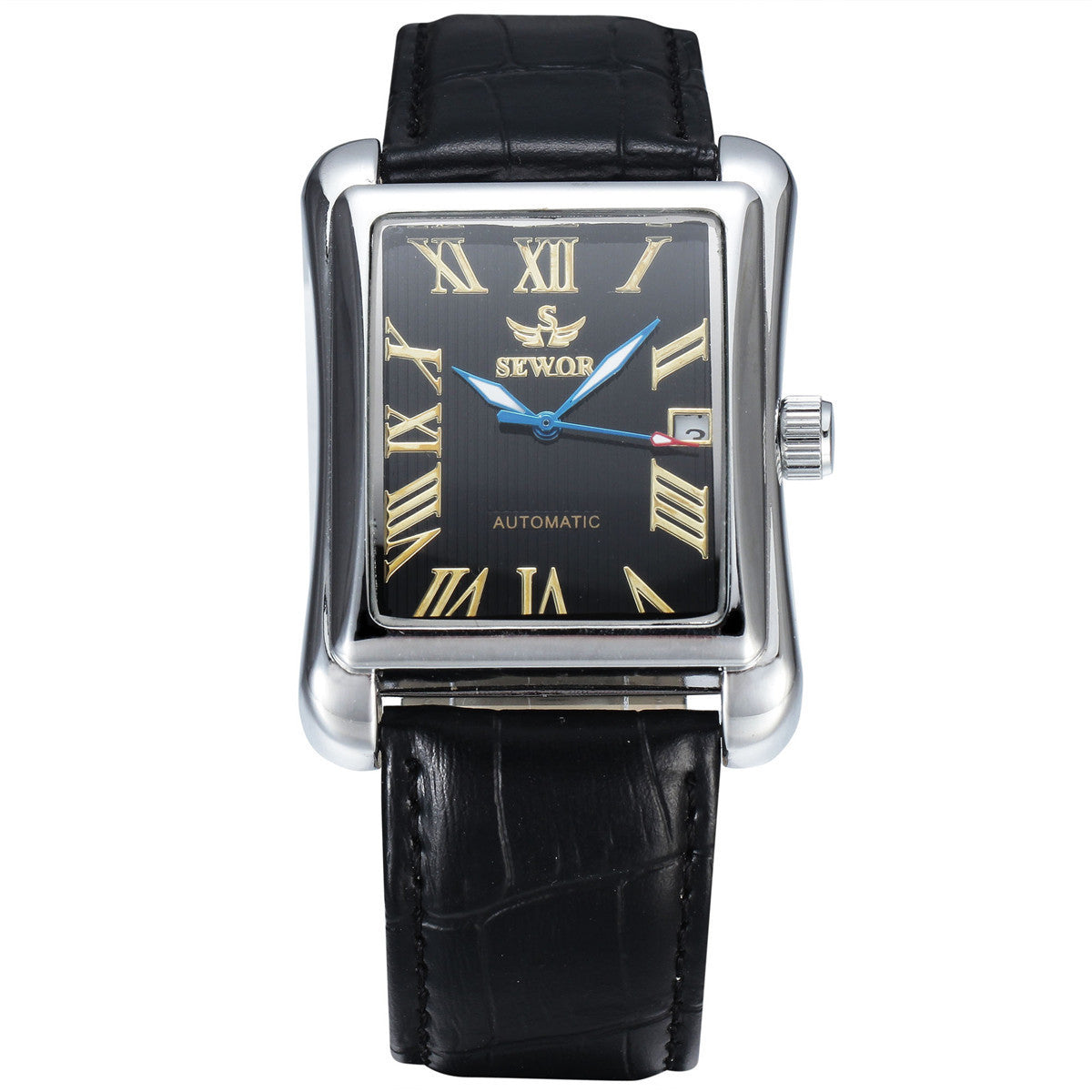 Mens Automatic Mechanical Square-case Leather-strapped Mens Watch Calendar Wristwatch