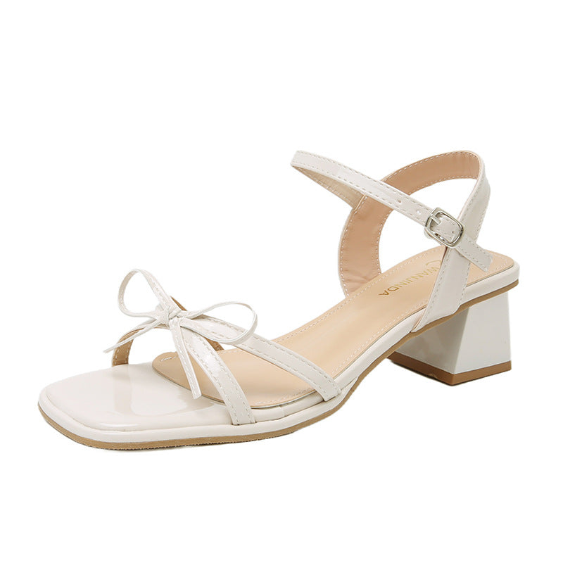 French-style Bow Chunky-heeled Silver Sandals
