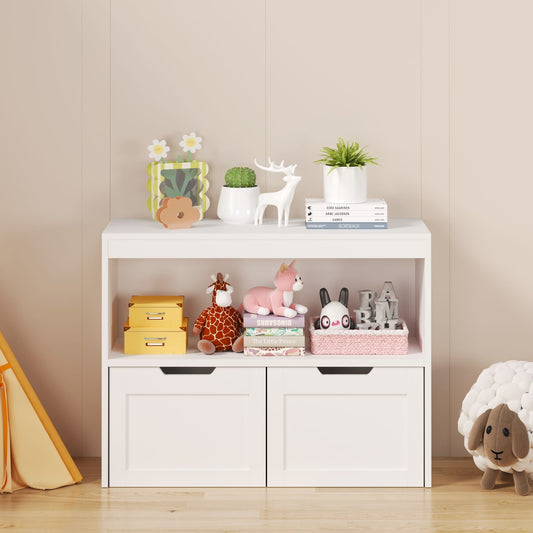 Book Organizer With Large Drawers And Open Shelves, Toy Storage Cabinet - White