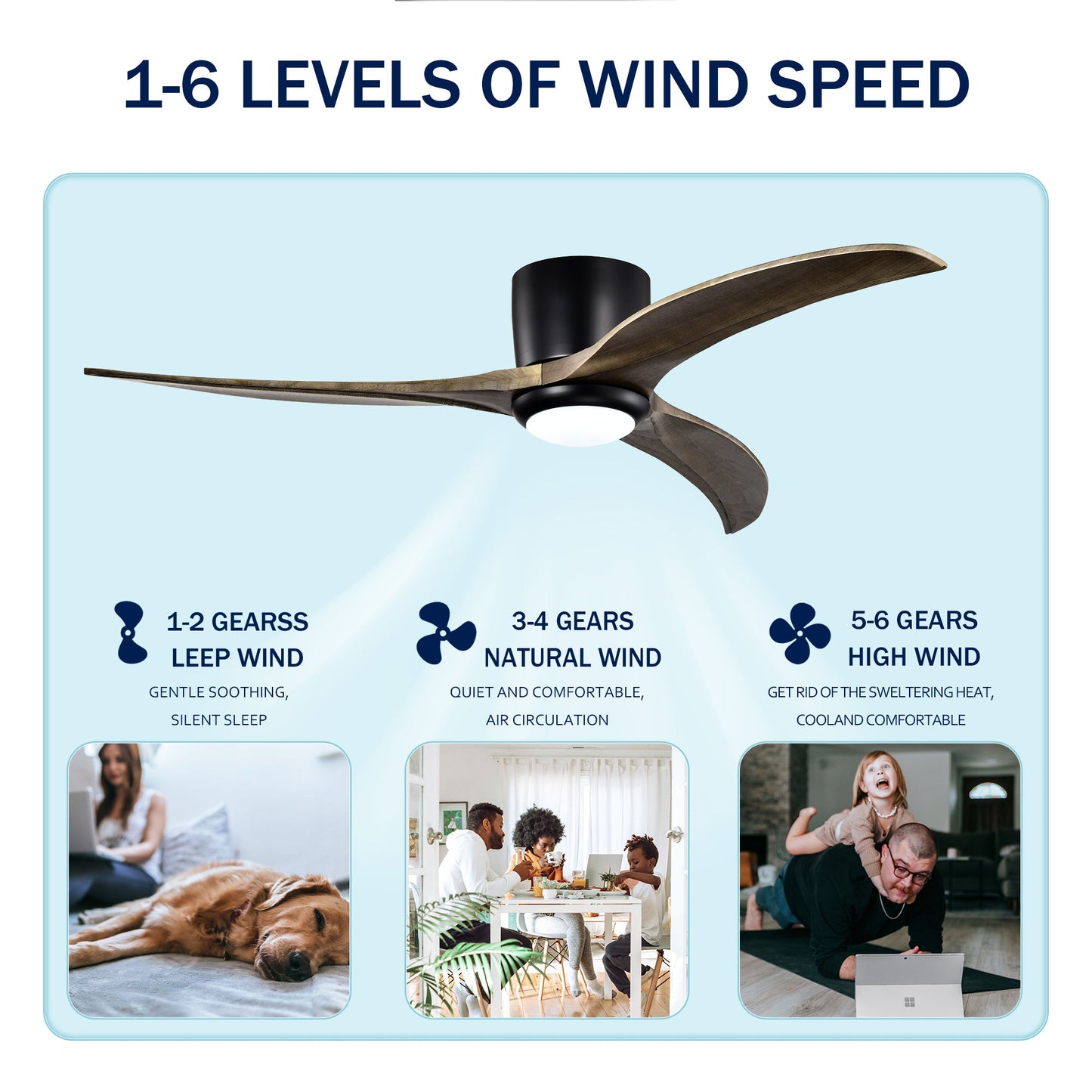 52" Flush Mount Solid Wood Blades Ceiling Fan with Lights and Remote Control