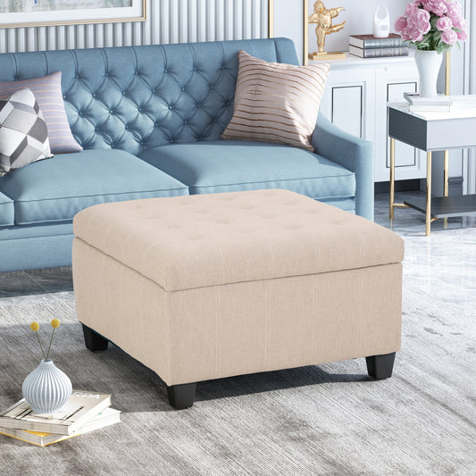 Upholstered Tufted Fabric Storage Ottoman, Wheat