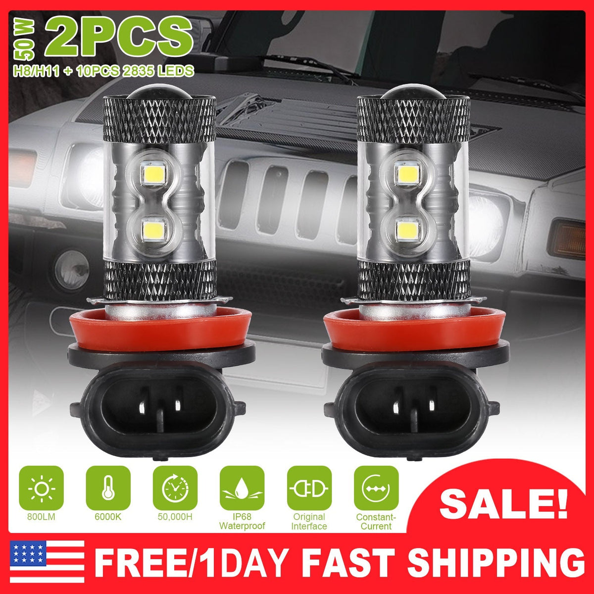 2PCS 800LM 50W H8/H9/H11 LED Fog DRL Light Bulb IP68 Waterproof 10 2835 LEDs 360¡ Beam Angle 6000K White