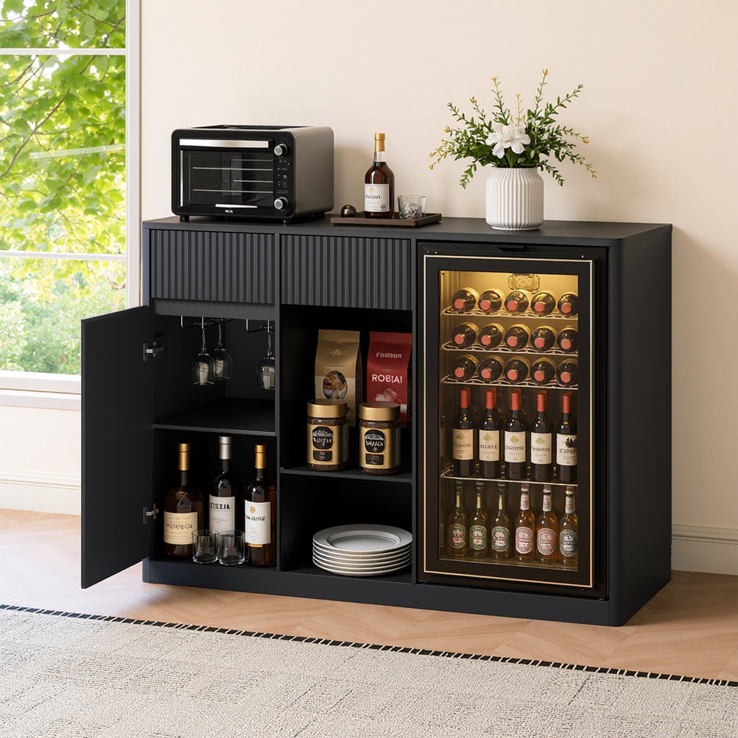 51.2" Modern Fluted Bar Cabinet with Fridge Compartment