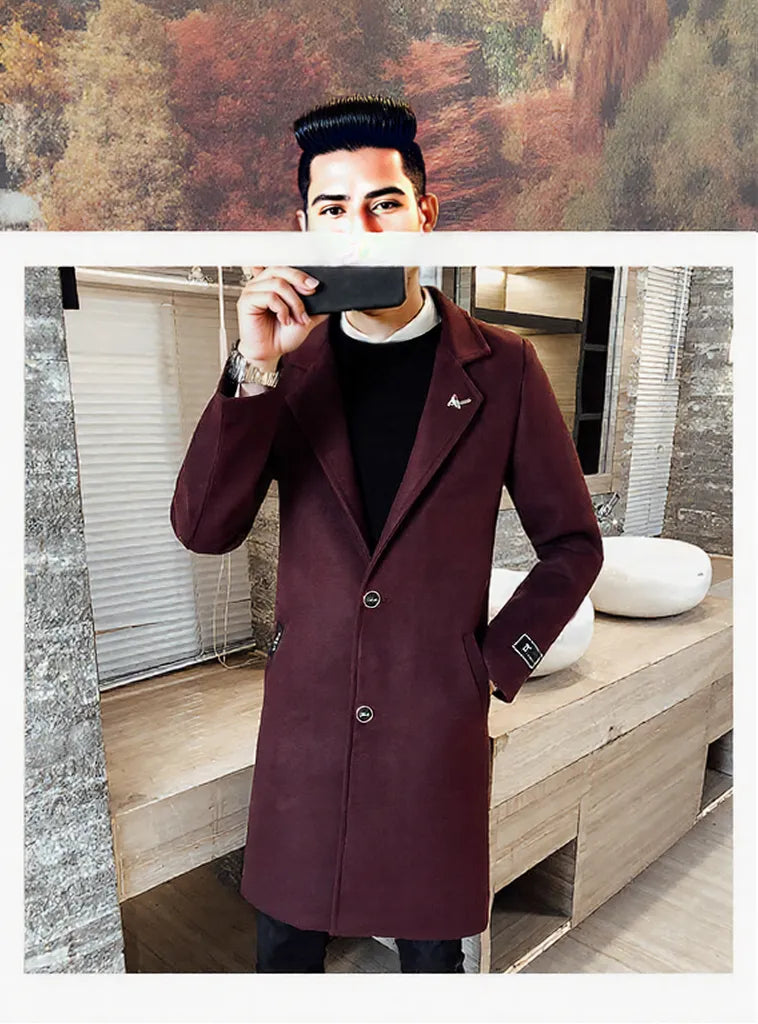 Black fashionable Winter men's long overcoat