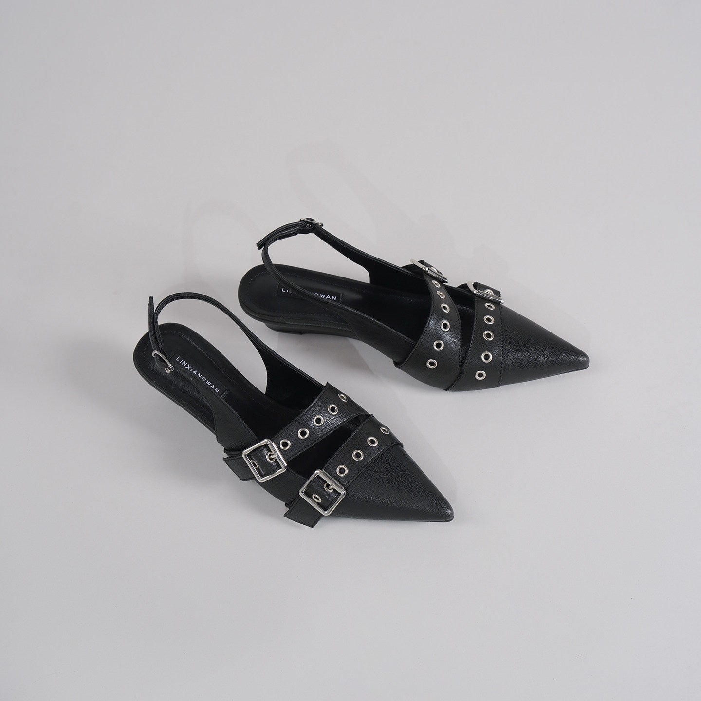 Black Punk Double Buckle Eyelet Pointed Toe Slingback Flat Mules For Women, Vintage Backless Slide Sandals