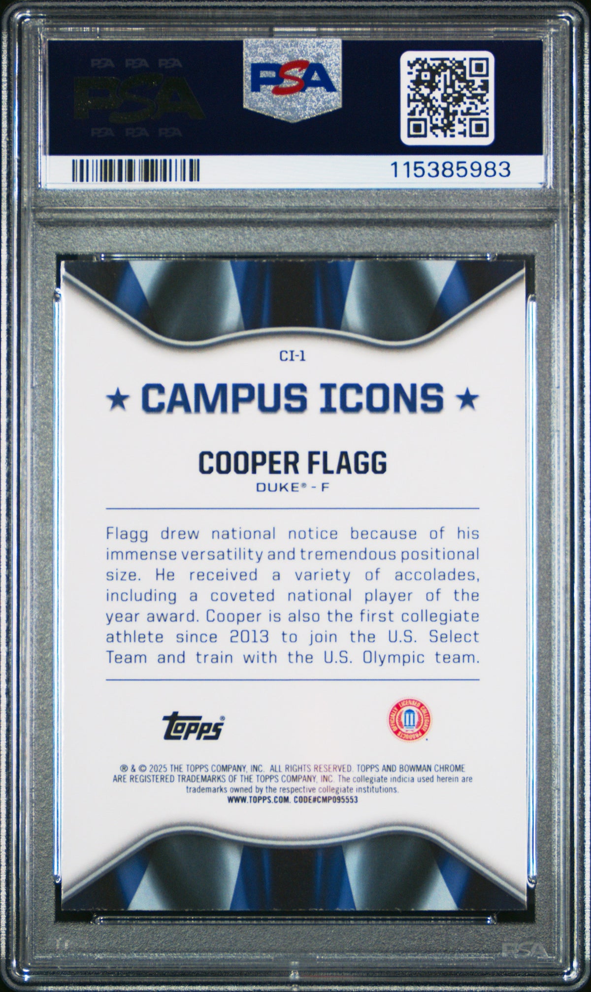 Graded 2024 Topps Bowman Chrome U Cooper Flagg #CI1 Campus Icons Rookie RC Basketball Card PSA 10 Gem Mint