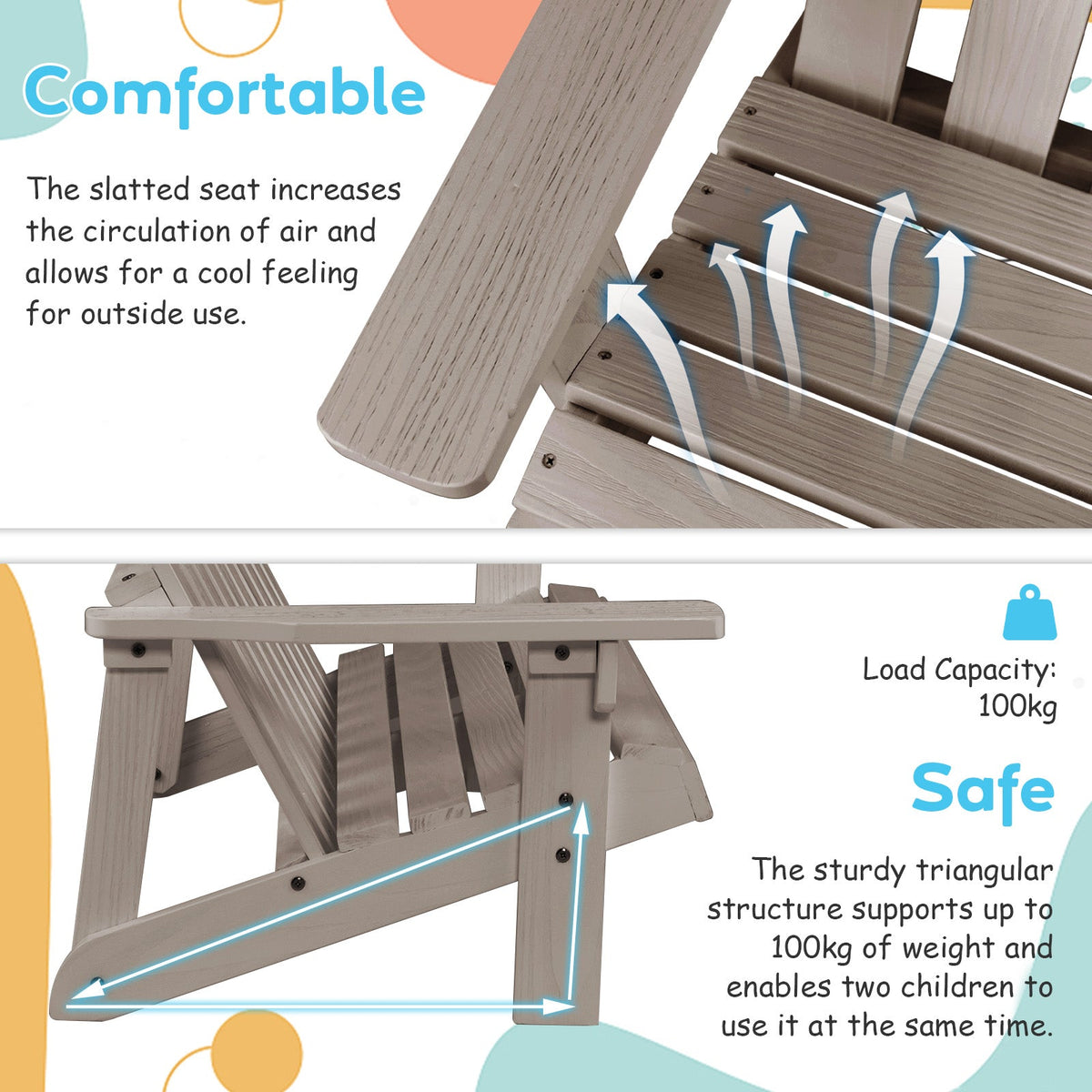 2 Person Fir Wood Adirondack Chair with High Backrest-Gray