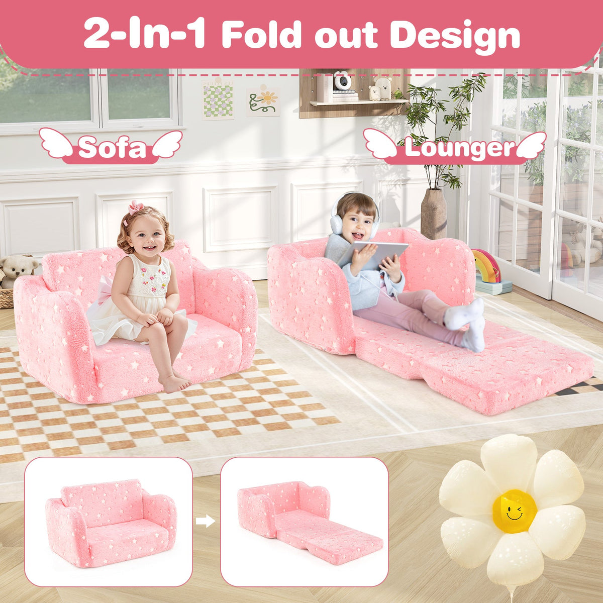 2-in-1 Folding Kids Couch with Blanket Glow in the Dark-Pink