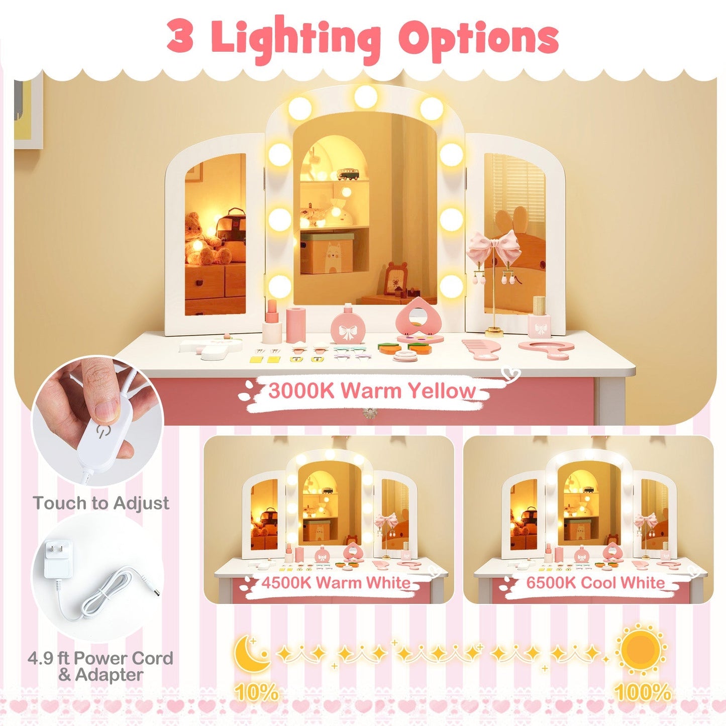 2-in-1 Kids Vanity Table Set with Tri-Folding Detachable Mirror and Lights