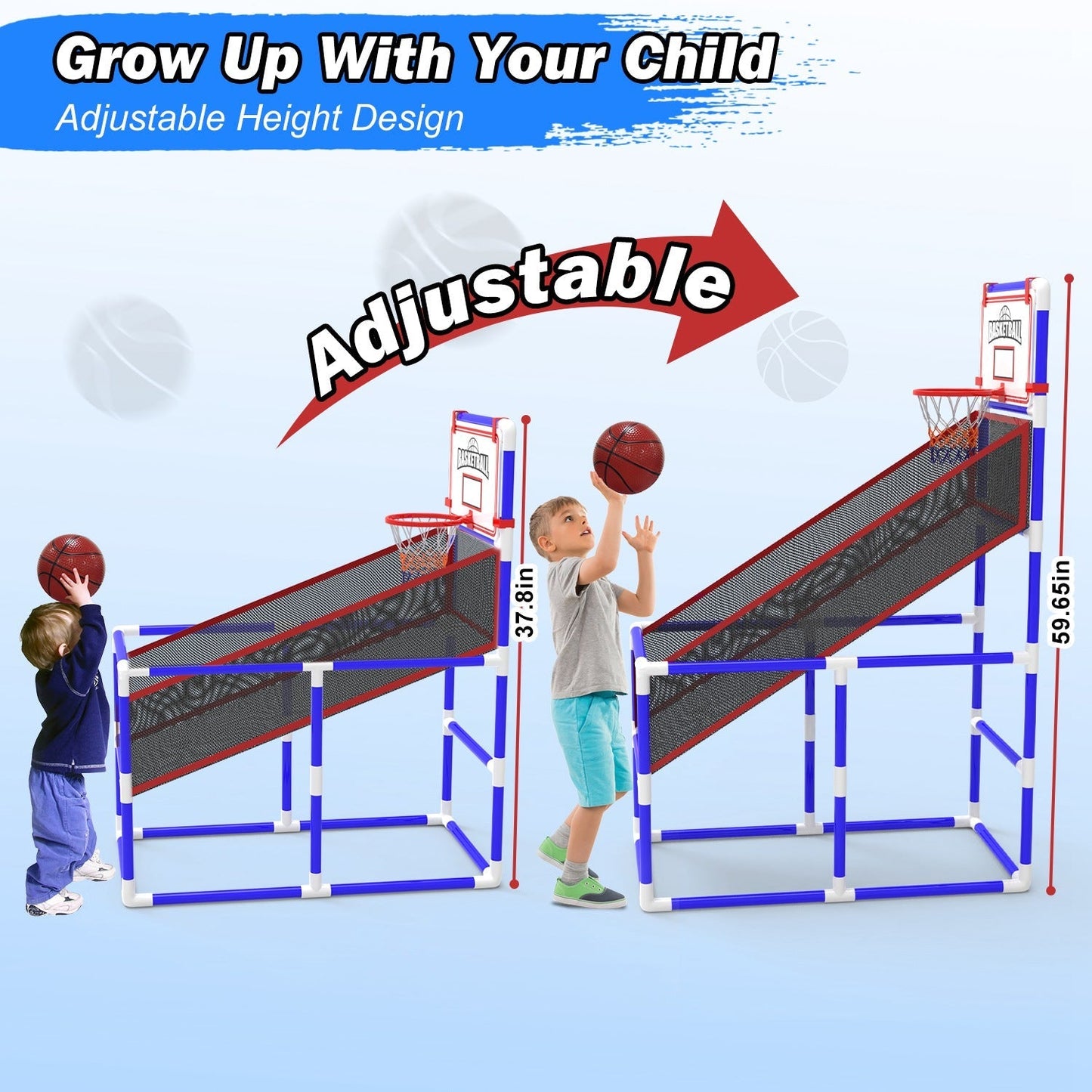 Kids\' Basketball Game Set with 2 Balls Adjustable Height Basketball Hoop Arcade Game Indoor Outdoor Toys for Boys Girls Aged 3-12