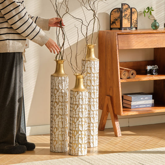 Floor Vases Large Decorative Set of 3 - Antique White & Gold