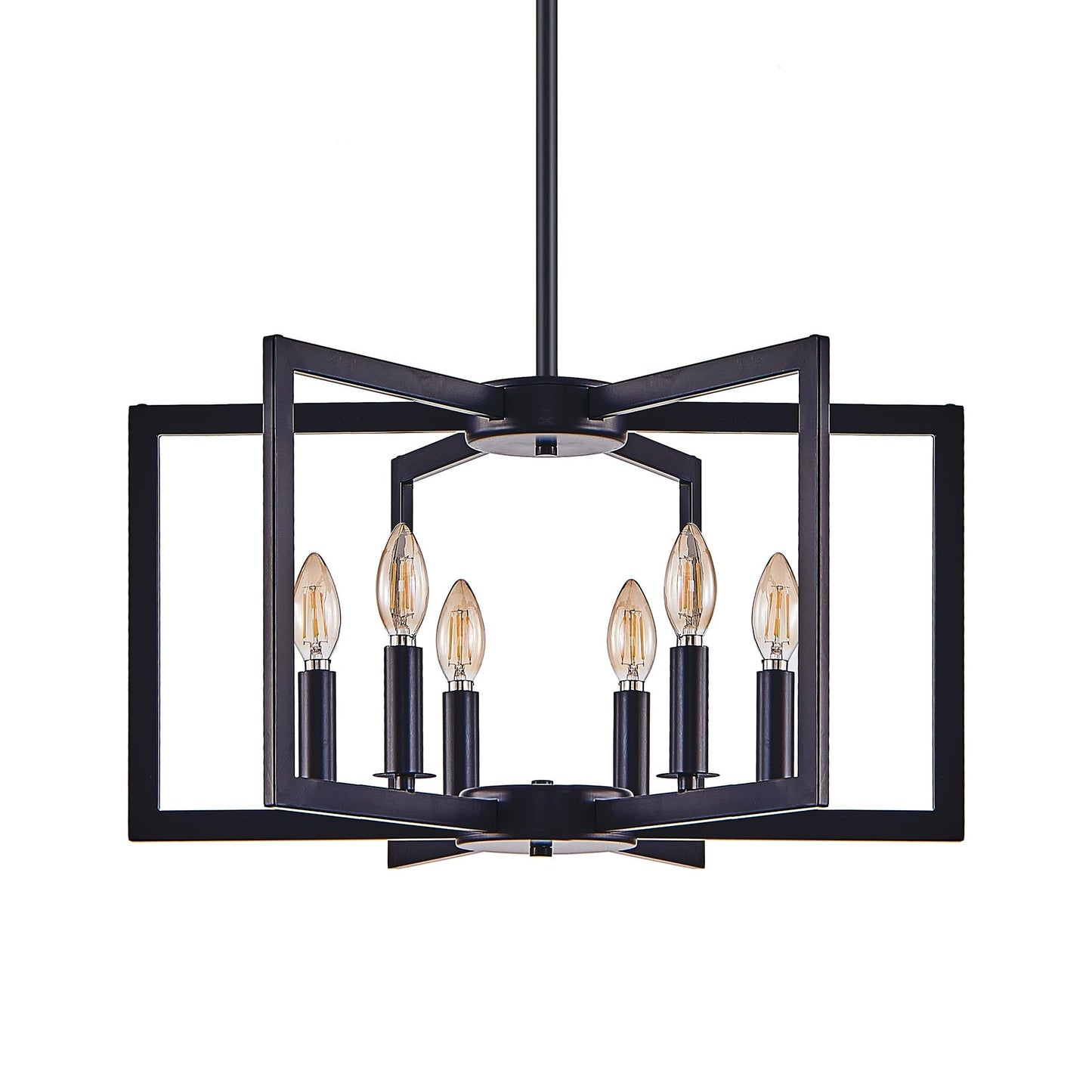 22' Modern Black Geometric 6-Light Chandelier – Industrial Metal Pendant Light Fixture for Living Room, Dining Room, or Kitchen (Bulb Not Included)