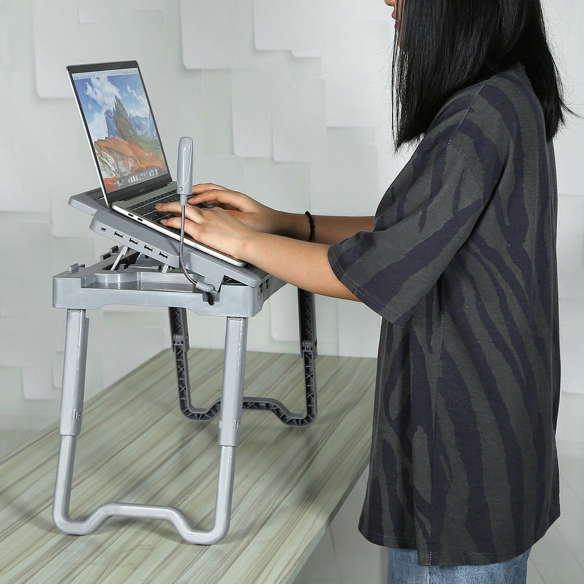 Foldable Laptop Table Bed Notebook Desk w/Cooling Fan Mouse Board LED light 4 x USB Ports Breakfast Snacking Tray with Storage Groove For Home Office
