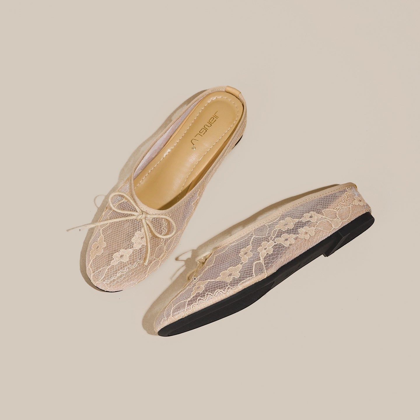 4cm Hidden-Heel Bow-Knot Lace Fishnet Breathable Hollowed-Out Closed-Toe Half Slippers