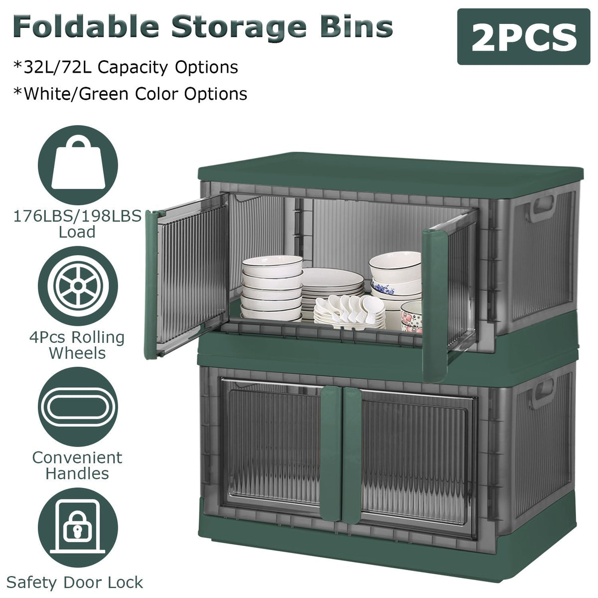 2Pcs 32L Foldable Storage Bins with Lid Collapsible Stackable Closet Organizer Containers with Front Door Lock 4Pcs Wheels