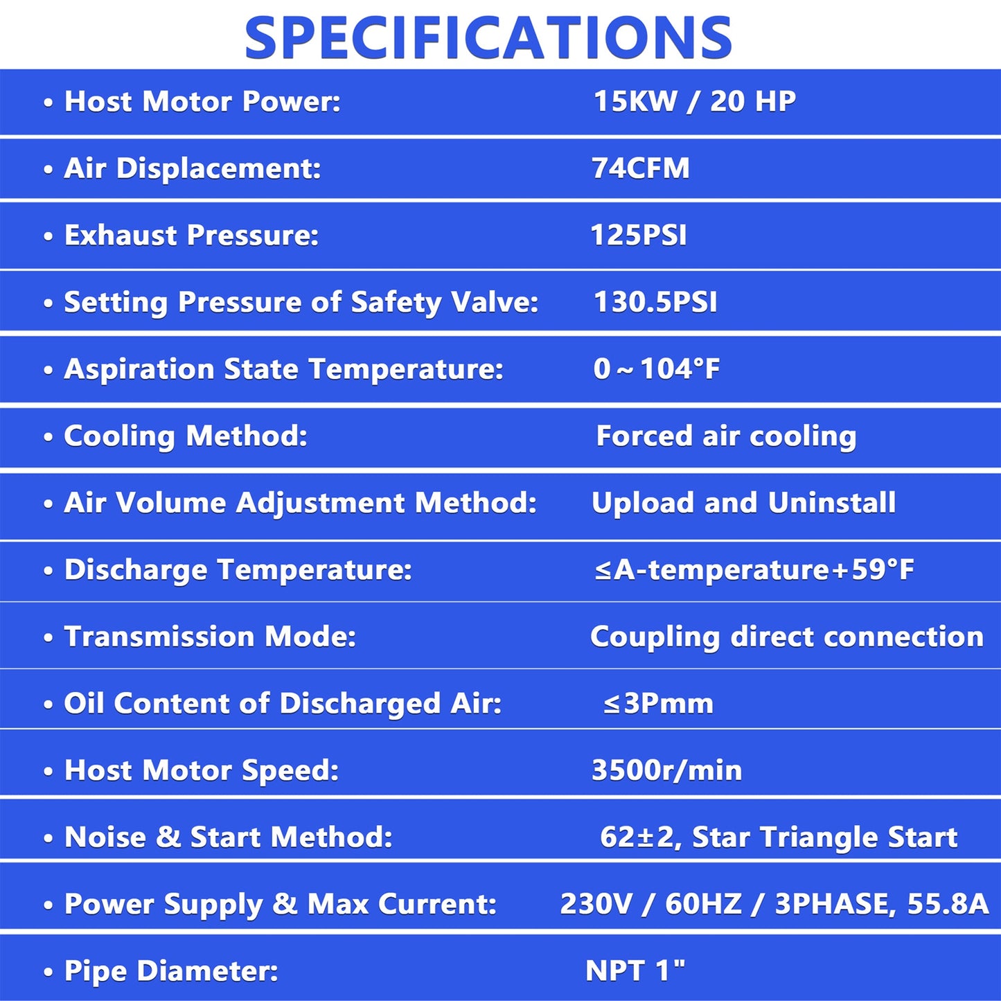 20HP Rotary Screw Air Compressor, 74 CFM, 125 PSI, Industrial-Grade