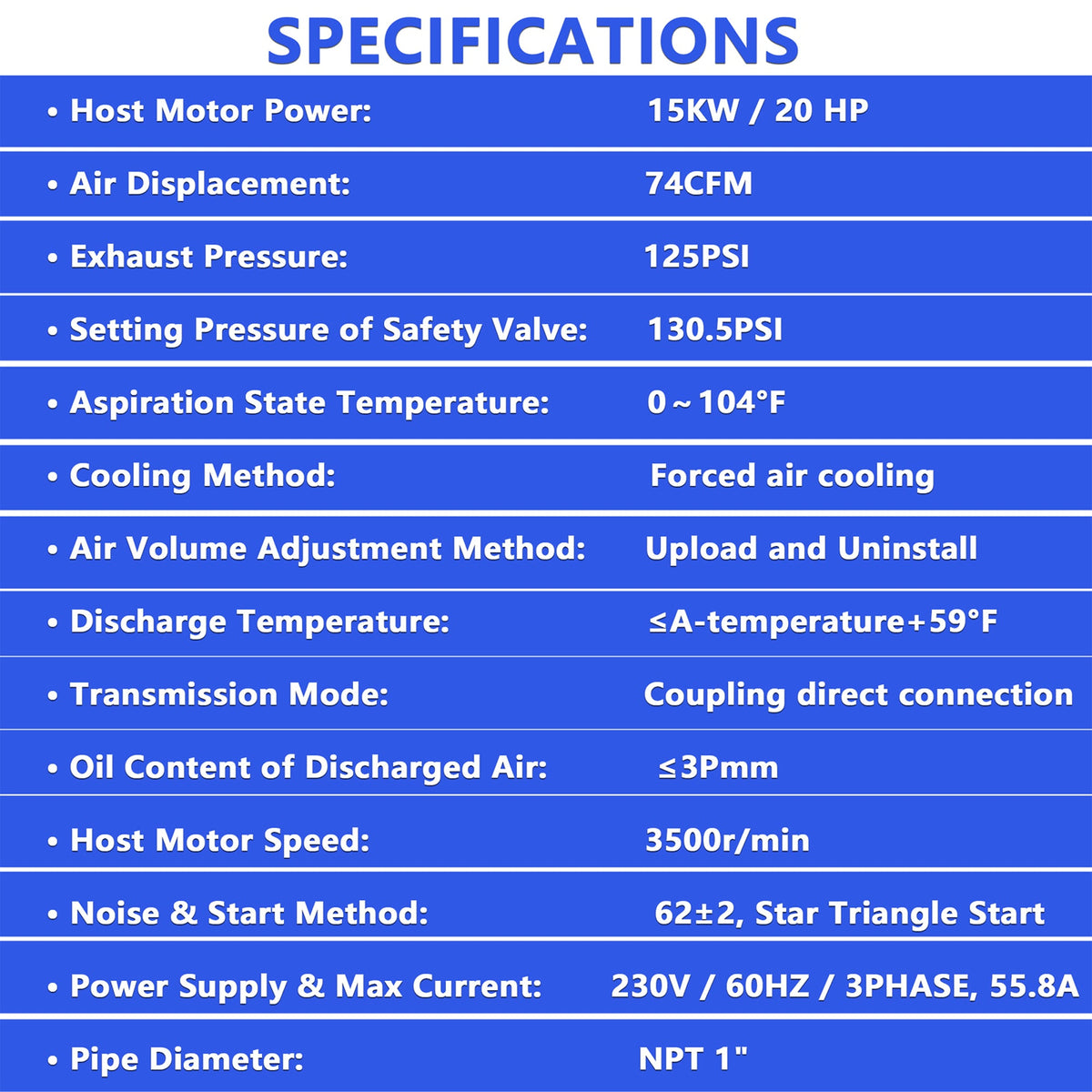 20HP Rotary Screw Air Compressor, 74 CFM, 125 PSI, Industrial-Grade