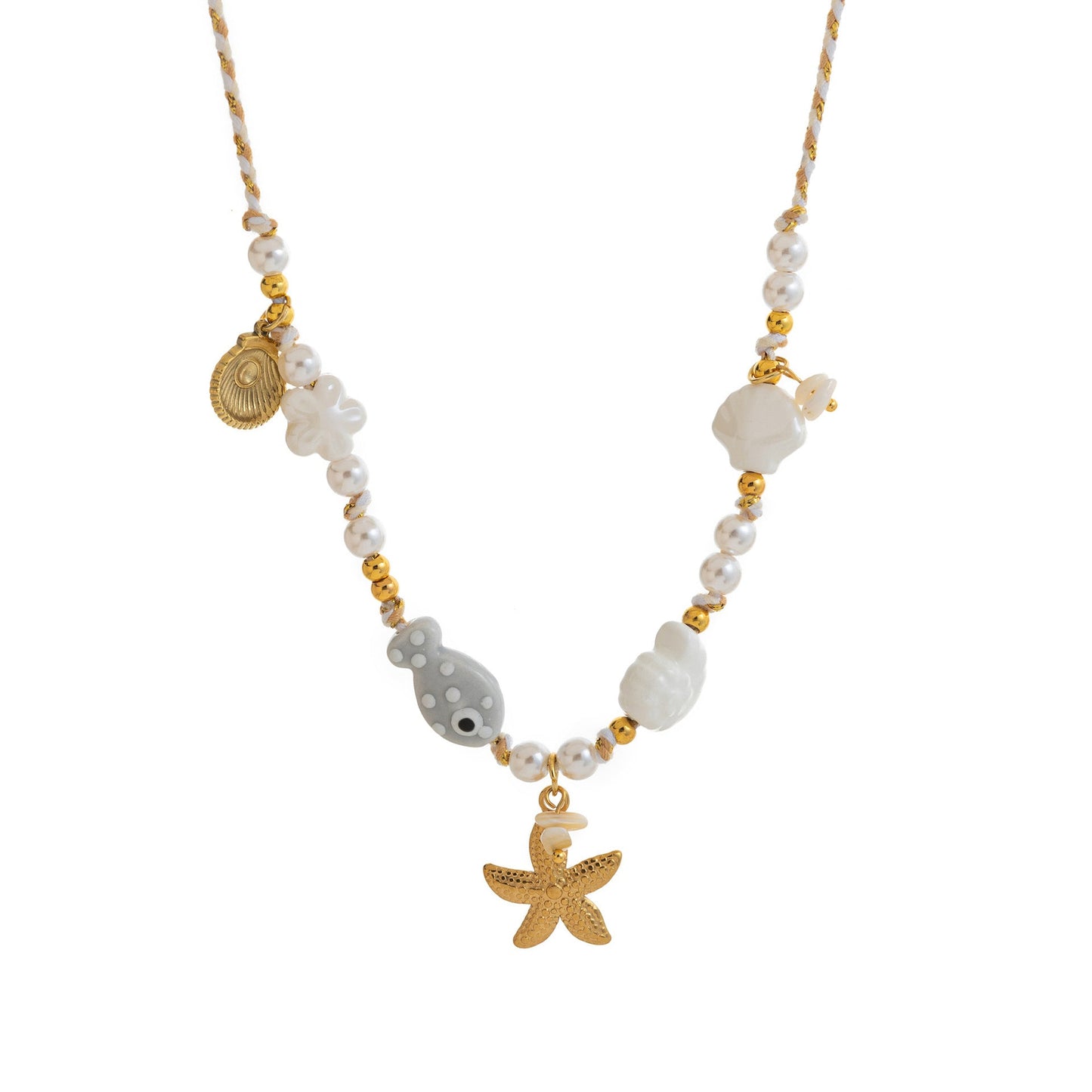 Colored Fabric Fan-shaped Seashell Electroplated 18k Gold Necklace And Bracelet