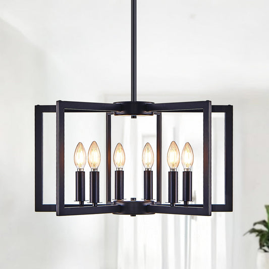 22' Modern Black Geometric 6-Light Chandelier – Industrial Metal Pendant Light Fixture for Living Room, Dining Room, or Kitchen (Bulb Not Included)
