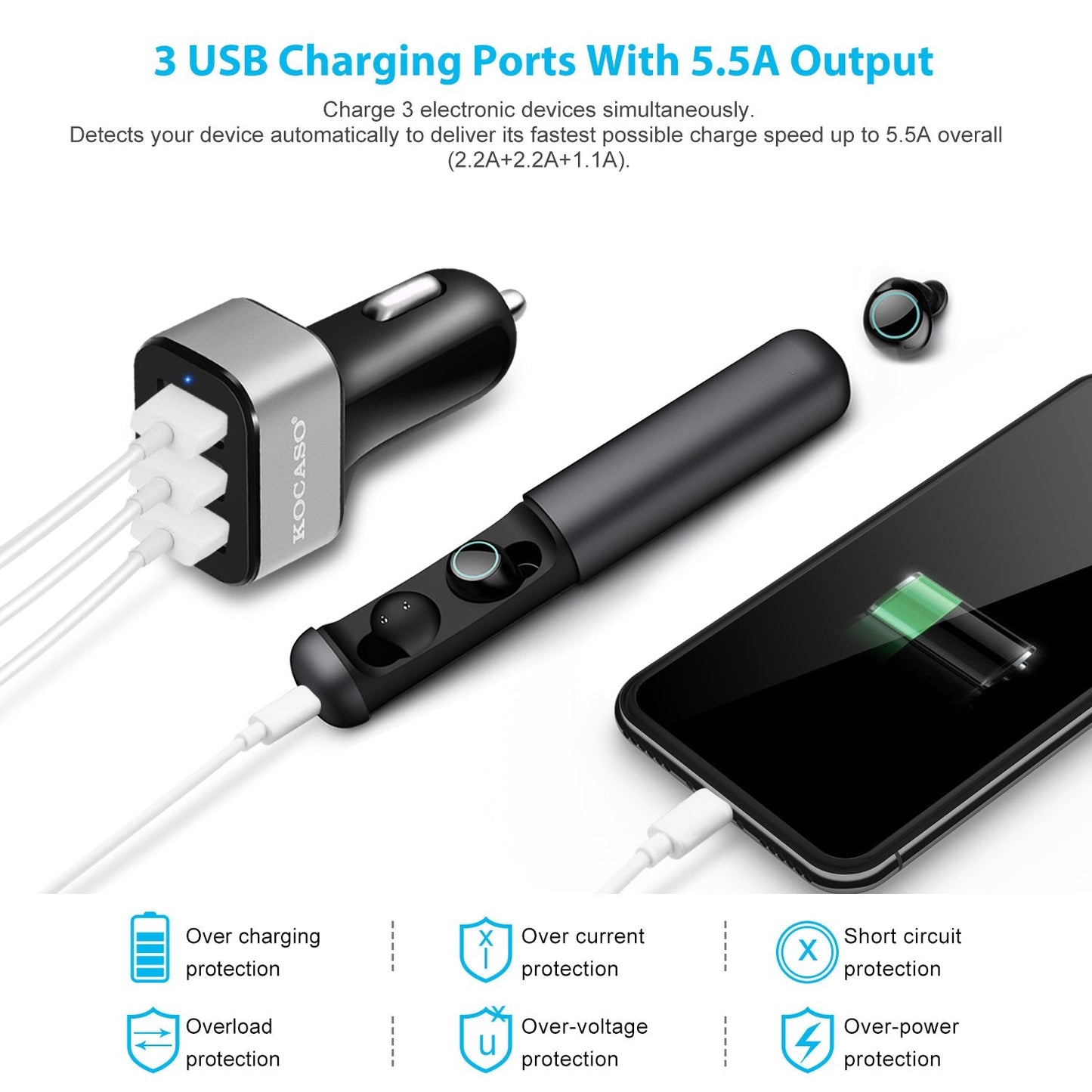 USB Car Charger 30W 5.5A 3 USB Port Cigarette Lighter Charger Adapter For iPhone XS/iPhone XS Max/iPhone 8 Plus/Galaxy S7/Galaxy S6