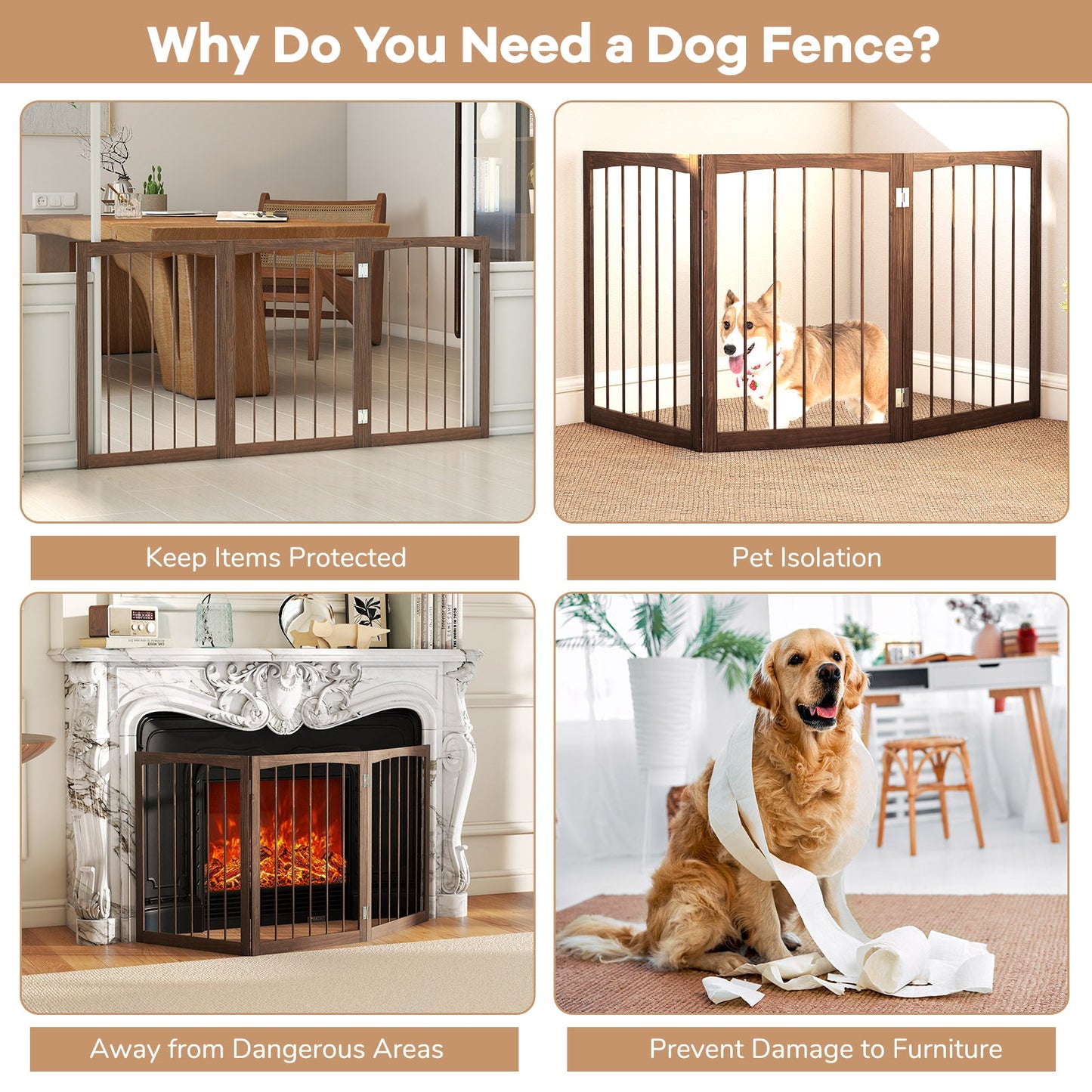 30 Inch Tall Wooden Pet Fence for Cats Small and Medium Dogs-Brown